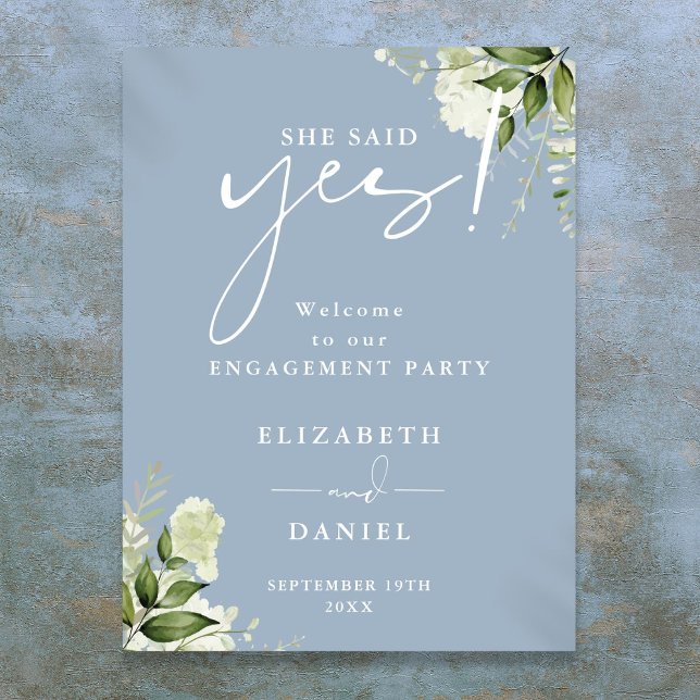 Floral Dusty Blue Engagement Affiche de bienvenue (Floral Dusty Blue Engagement Party Welcome Sign)