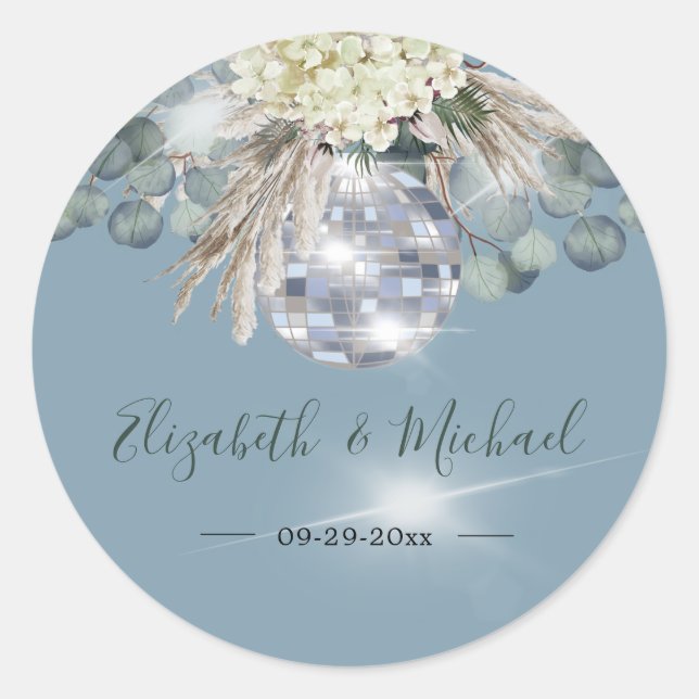 Floral Dusty Blue Eucalyptus Elegante Wedding Runder Aufkleber (Vorderseite)