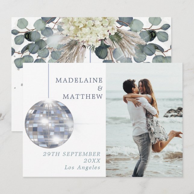 Floral Dusty Blue Eucalyptus Elegante Wedding Save The Date (Vorne/Hinten)