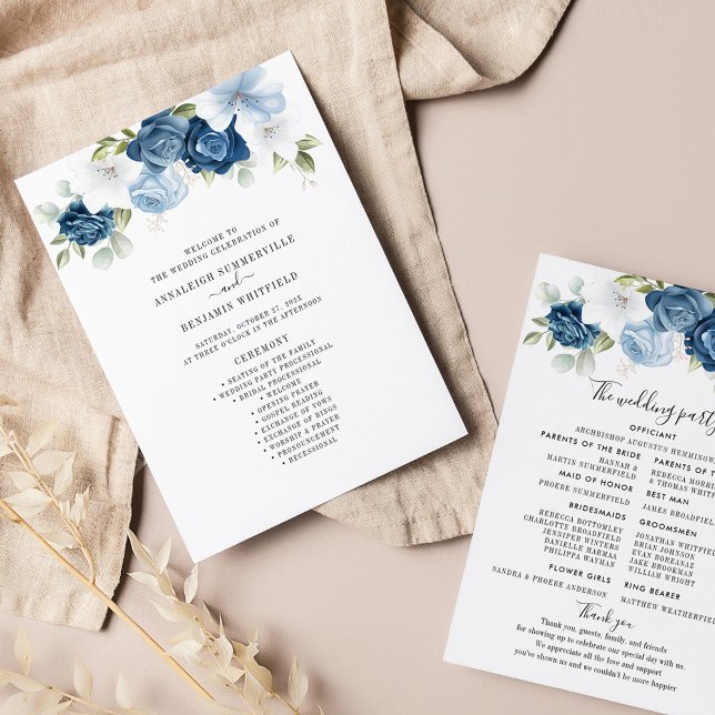 Floral Dusty Blue Eucalyptus Programme de mariage (Dusty Blue Floral Script Wedding Program)