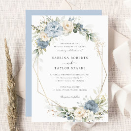 Floral Dusty Blue Greenery Gold Wedding Einladung