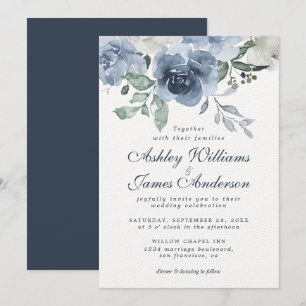 Floral Dusty Blue Ivory Rose Dark Blue Wedding Einladung
