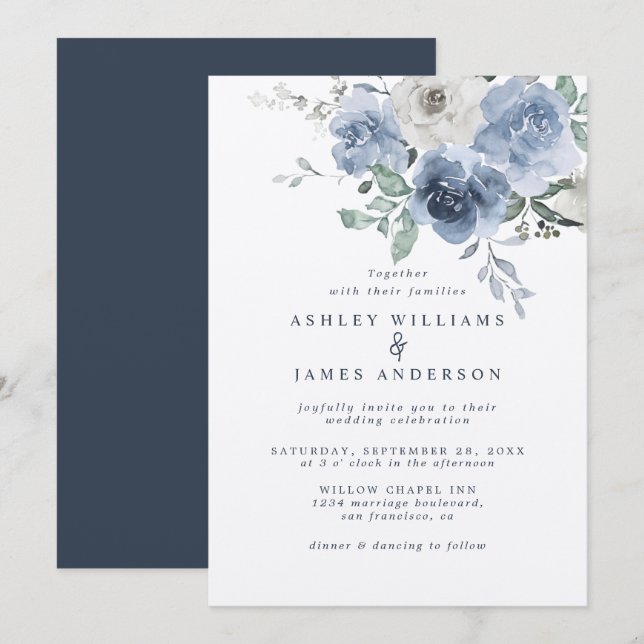 Floral Dusty Blue Ivory Rose Dark Blue Wedding Einladung (Vorne/Hinten)