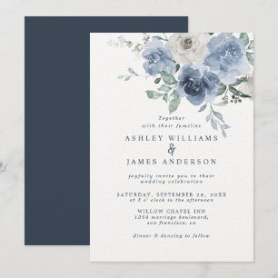 Floral Dusty Blue Ivory Rose Dark Blue Wedding Einladung