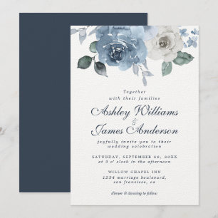 Floral Dusty Blue Ivory Rose Dark Blue Wedding Einladung