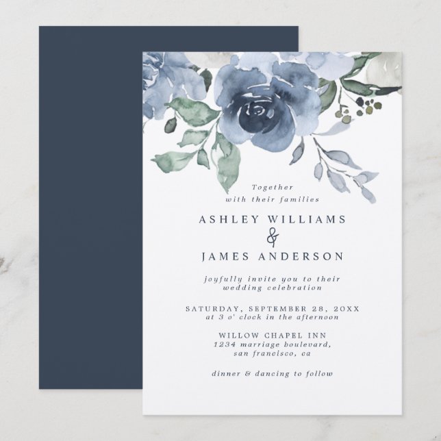 Floral Dusty Blue Ivory Rose Dark Blue Wedding Einladung (Vorne/Hinten)