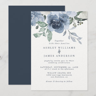 Floral Dusty Blue Ivory Rose Dark Blue Wedding Einladung