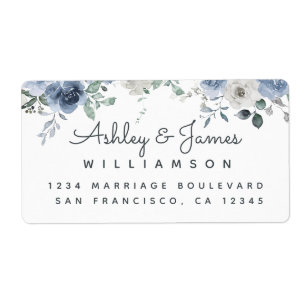 Floral Dusty Blue Ivory Rose Script Rücksendeadres