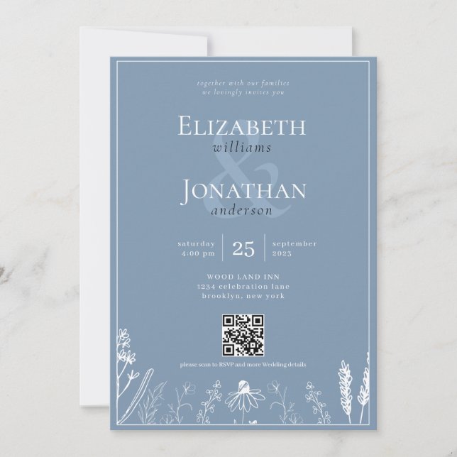 Floral Dusty Blue Monogram Border QR Foto Wedding Einladung (Vorderseite)