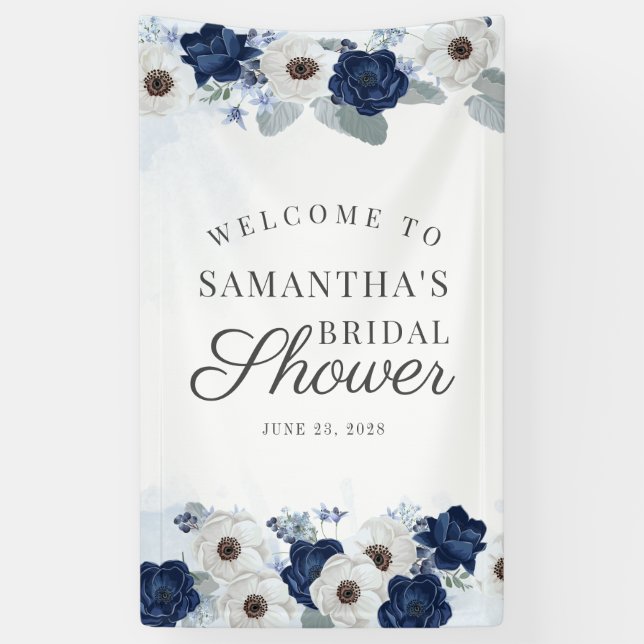 Floral Dusty Blue Navy Botanisches Brautparty Banner (Vertikal)