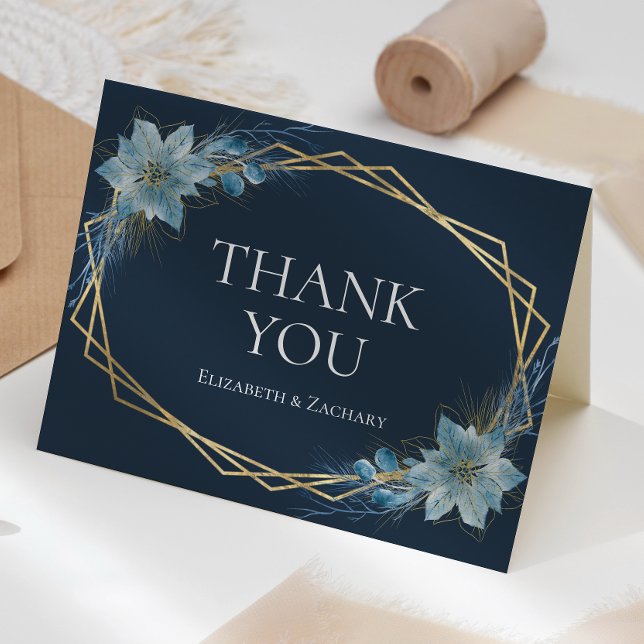 Floral Dusty Blue Navy Gold Winter Wedding Dankeskarte (Von Creator hochgeladen)