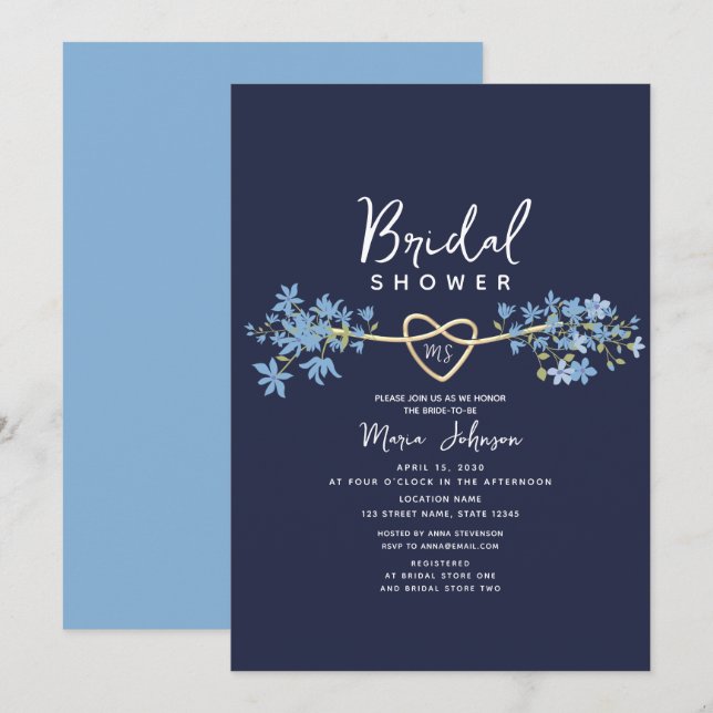 Floral Dusty Blue Navy Invitation à la douche nupt (Devant / Derrière)