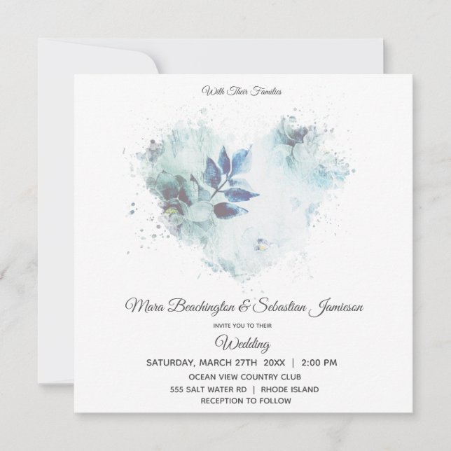 *~* Floral Dusty Blue QR UAWG Art AR26 Wedding Einladung (Vorderseite)