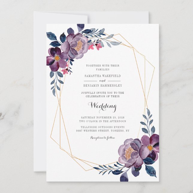 Floral Dusty Blue Script Geometric Wedding Einladung (Vorderseite)