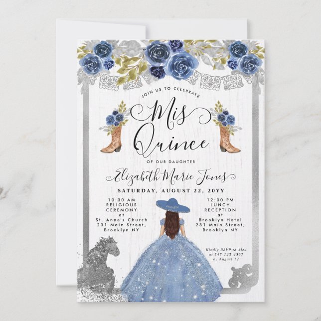 Floral Dusty Blue Silver Horse Charra Quinceanera Einladung (Vorderseite)