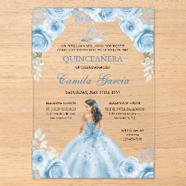 Floral Dusty Blue & Silver Princess Quinceañera Acryleinladungen