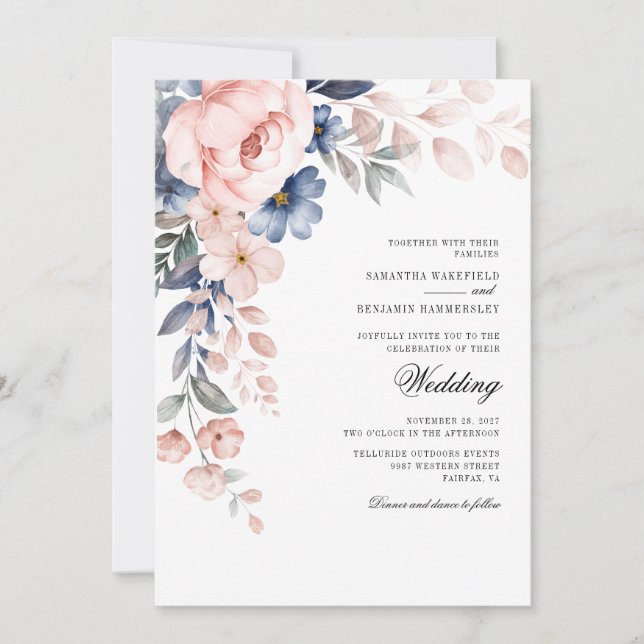 Floral Dusty Blue Watercolor Bloom Wedding Einladung (Vorderseite)