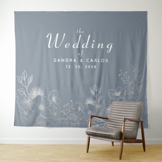 Floral Dusty Blue Wedding Background Wandteppich (Beispiel (Horizontal))
