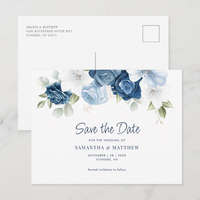 Floral Dusty Blue Wedding Save the Date Postkarte (Vorne/Hinten)