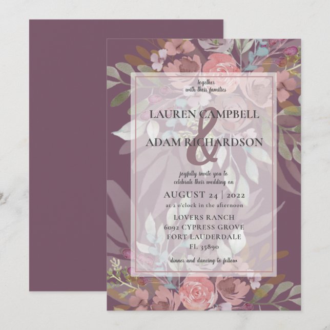 Floral Dusty Burgundy Ampersand Hochzeit Einladung (Vorne/Hinten)