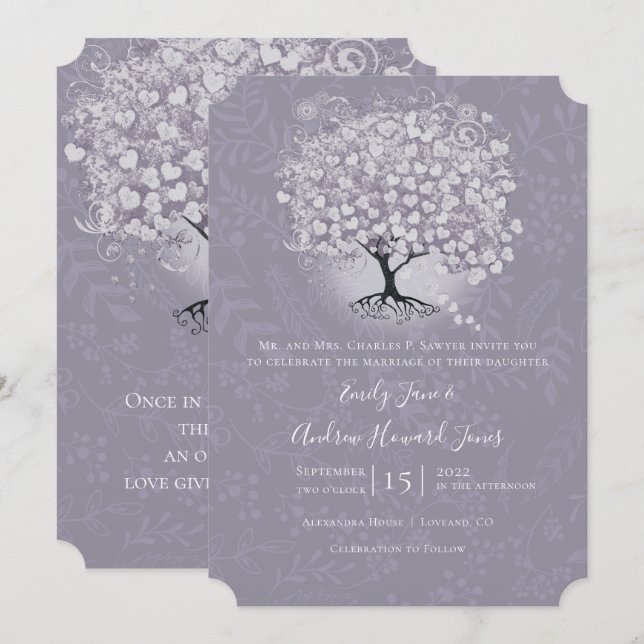 Floral Dusty Lavender Heart Leaf Tree Wedding Einladung (Vorne/Hinten)