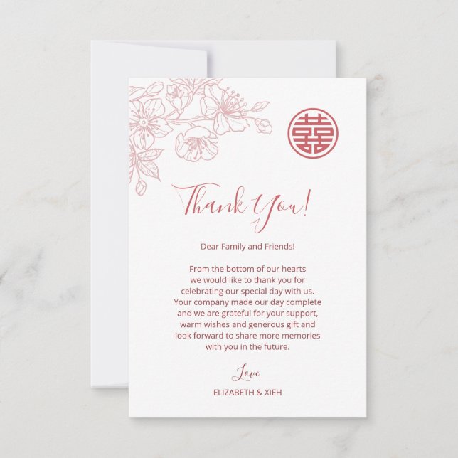 Floral Dusty Pink Chinesische Hochzeit Dankeskarte (Vorderseite)
