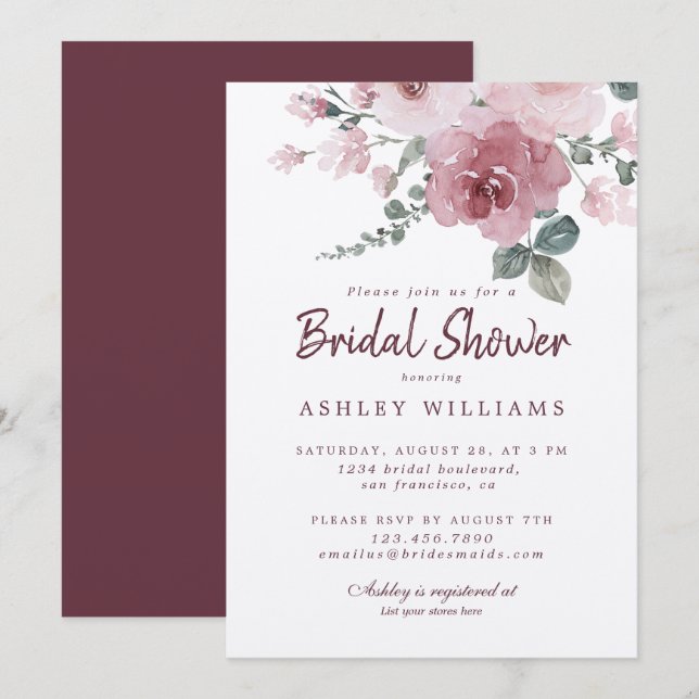 Floral Dusty Pink Rose Burgundy Brautparty Einladung (Vorne/Hinten)