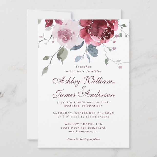 Floral Dusty Pink Rose Burgundy Einladung Hochzeit (Vorderseite)