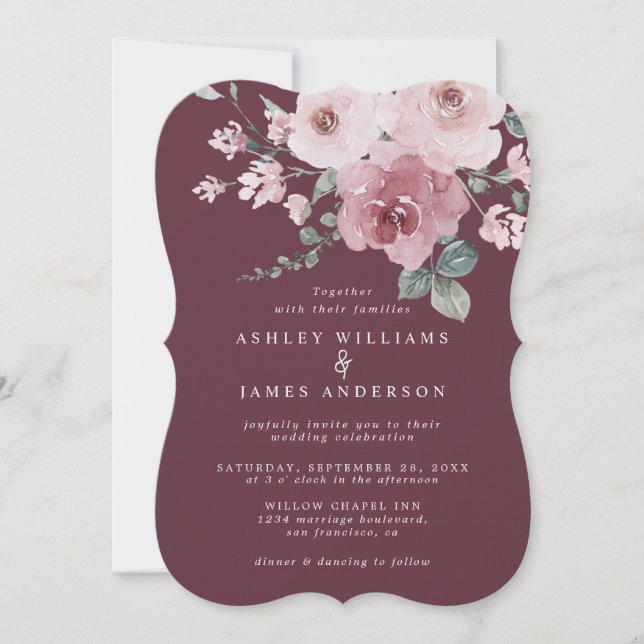 Floral Dusty Pink Rose Burgundy Einladung Hochzeit (Vorderseite)