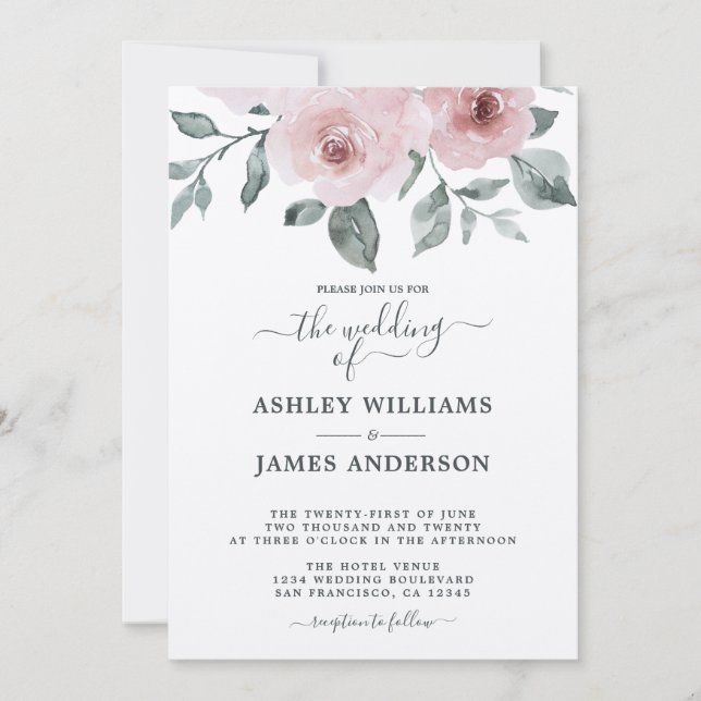 Floral Dusty Pink Rose Burgundy Einladung Hochzeit (Vorderseite)