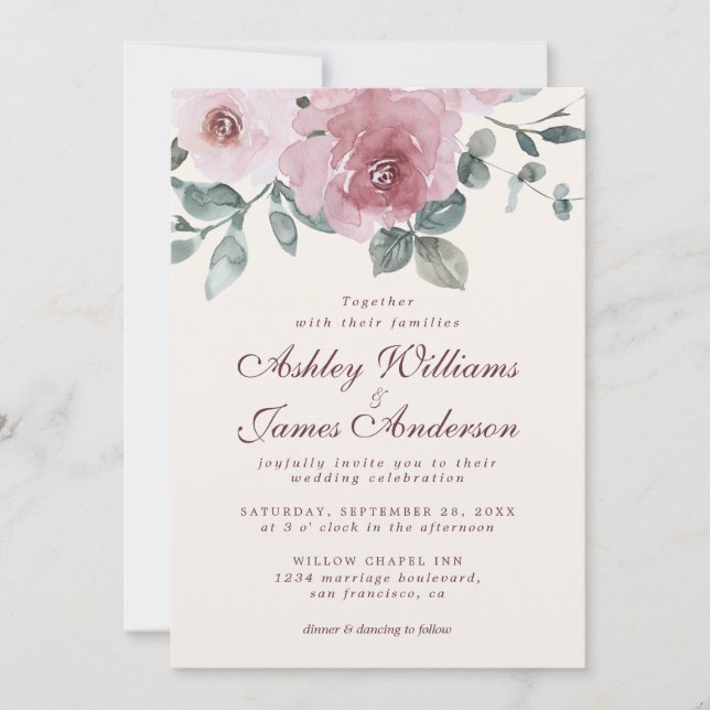 Floral Dusty Pink Rose Burgundy Elvory Wedding Einladung (Vorderseite)