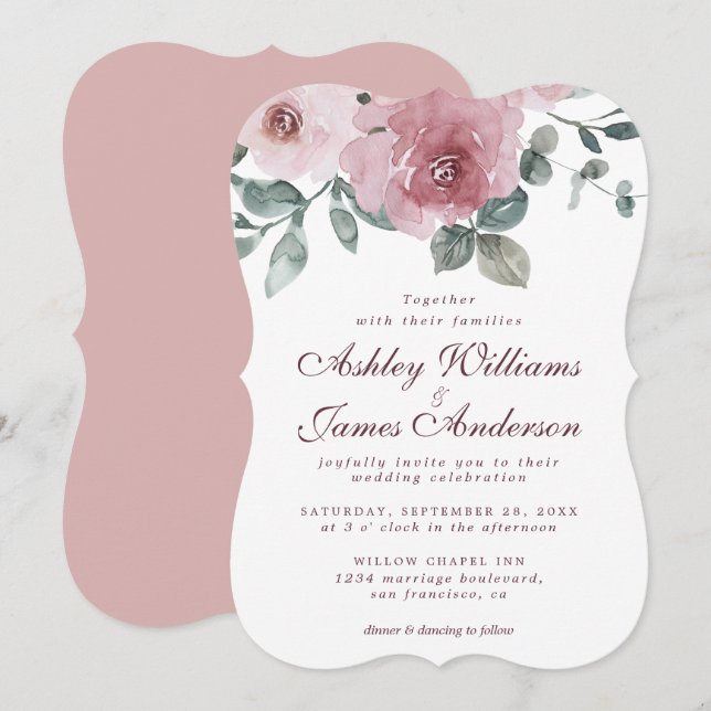 Floral Dusty Pink Rose Burgundy Wedding Einladung (Vorne/Hinten)