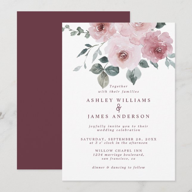 Floral Dusty Pink Rose Burgundy Wedding Einladung (Vorne/Hinten)