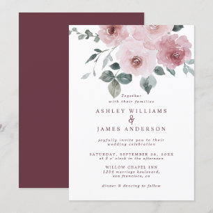Floral Dusty Pink Rose Burgundy Wedding Einladung