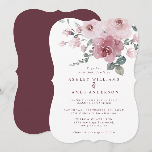 Floral Dusty Pink Rose Burgundy Wedding Einladung (Vorne/Hinten)