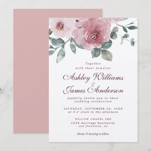 Floral Dusty Pink Rose Burgundy Wedding Einladung