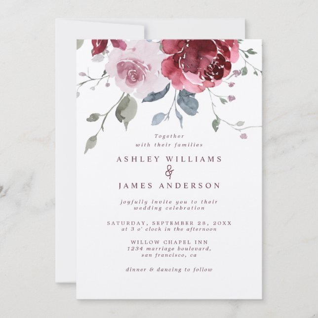Floral Dusty Pink Rose Burgundy Wedding Einladung (Vorderseite)