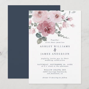 Floral Dusty Pink Rose Dark Blue Wedding Einladung