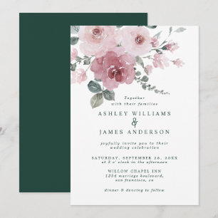 Floral Dusty Pink Rose Dark Green Wedding Einladung