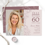 Floral Dusty Pink Überraschung Foto 60. Geburtstag Einladung<br><div class="desc">Blumenrosa und Lila überraschen 60. Geburtstagsfeier mit Ihrem Foto auf der Kartenvorderseite. Elegantes modernes Design mit botanischen Kontur Zeichnungen Akzente und Typografie Drehbuch Schriftart. Einfache,  trendige Einladungskarte für eine stilvolle Damenfeier. Kann für jedes Alter angepasst werden. Gedruckte Zazzle Einladungen oder Sofortdownload digitalen druckbaren Vorlage.</div>