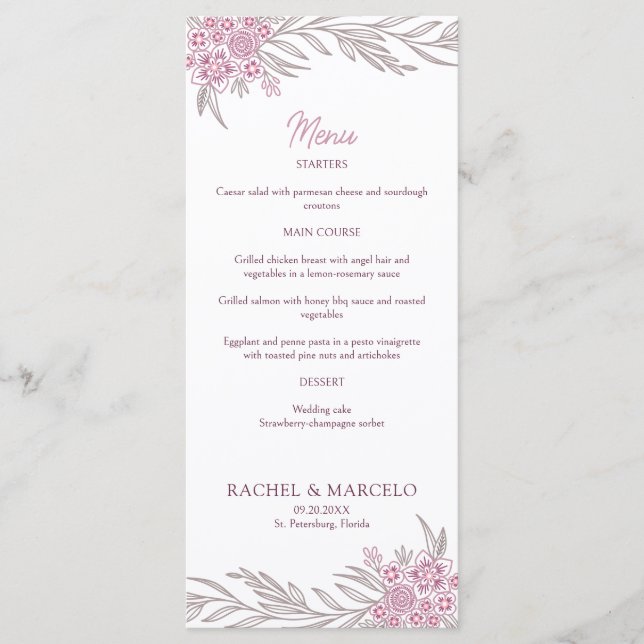 Floral Dusty Rose Blush Burgundy Wedding Menu Menükarte (Vorderseite)