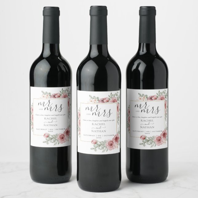 Floral Dusty Rose Cheers Wedding Weinetikett (Flaschen)