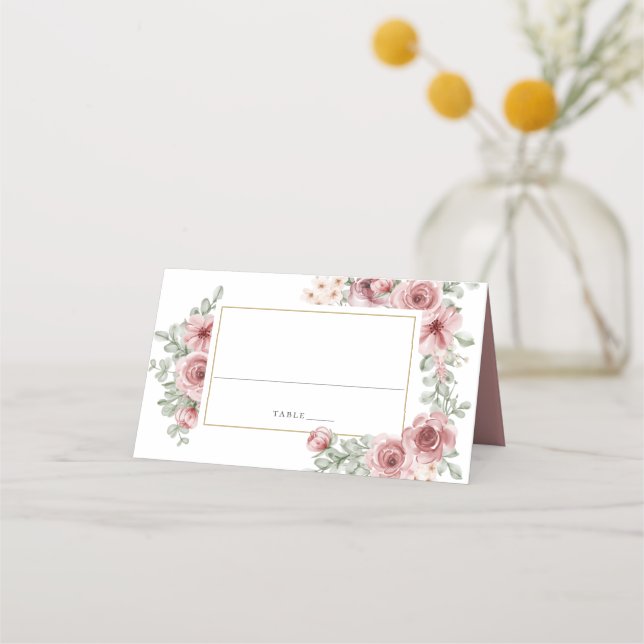 Floral Dusty Rose Elegante Hochzeit Platzkarte (Vorderseite)