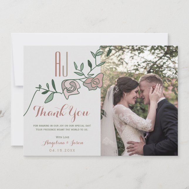 Floral Dusty Rose Foto Hochzeit Dankeskarte (Vorderseite)