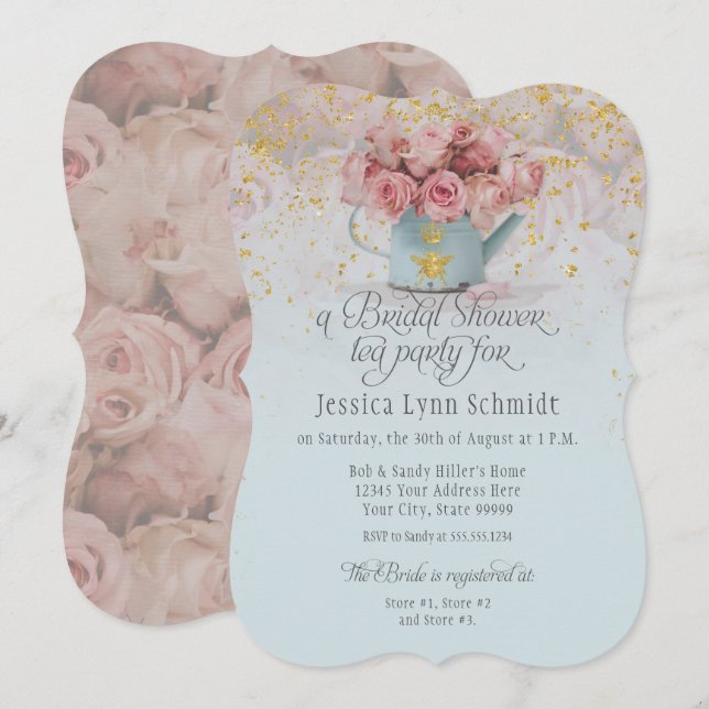 Floral Dusty Rose Gold Blue Brautparty Tee Einladung (Vorne/Hinten)