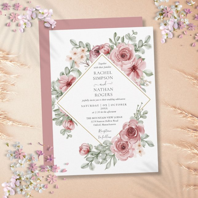 Floral Dusty Rose Gold Geometric Wedding Einladung (Floral Dusty Rose Gold Geometric Wedding Invitation)
