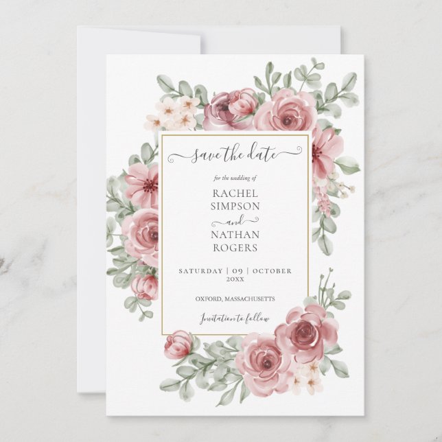 Floral Dusty Rose Gold Wedding Foto Save The Date (Vorderseite)
