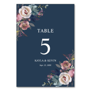Floral Dusty Rose Mauve Navy Blue Wedding Tischnummer