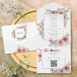 Floral Dusty Rose QR Code Hochzeit All In One Einladung