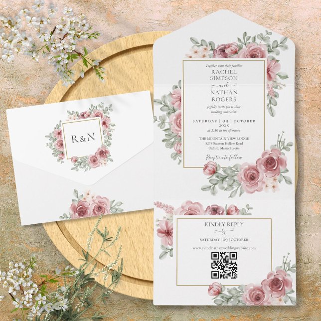Floral Dusty Rose QR Code Hochzeit All In One Einladung (Floral Dusty Rose QR Code Wedding All In One Invitation)